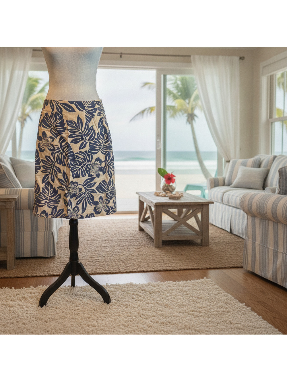 Talbots Blue and Cream Floral Cotton Spandex Skirt Size 8